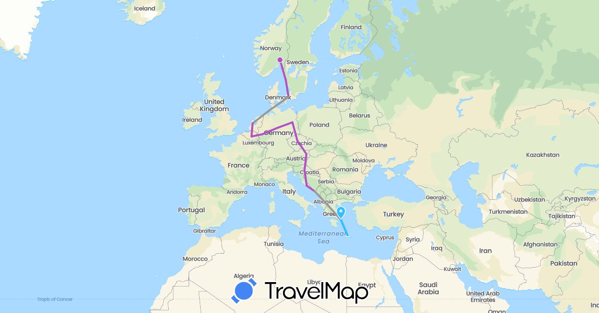 TravelMap itinerary: driving, plane, train, boat in Austria, Belgium, Czech Republic, Germany, Denmark, Greece, Croatia, Netherlands, Norway, Sweden (Europe)